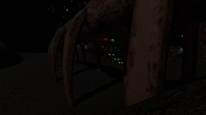 Screenshot of the game The Abyss, showing a part of the planets surface with a skeleton infront and the spaceship behind it.