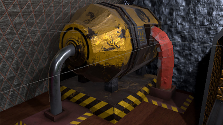Screenshot of the game The Abyss, showing a part of the inner spaceship/one of the engines of the spaceship inside the spaceship